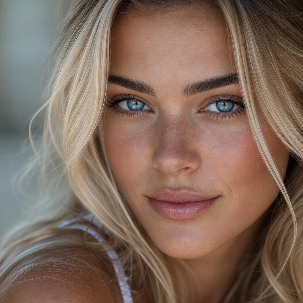 Close-up portrait of a woman with long blonde hair and blue eyes