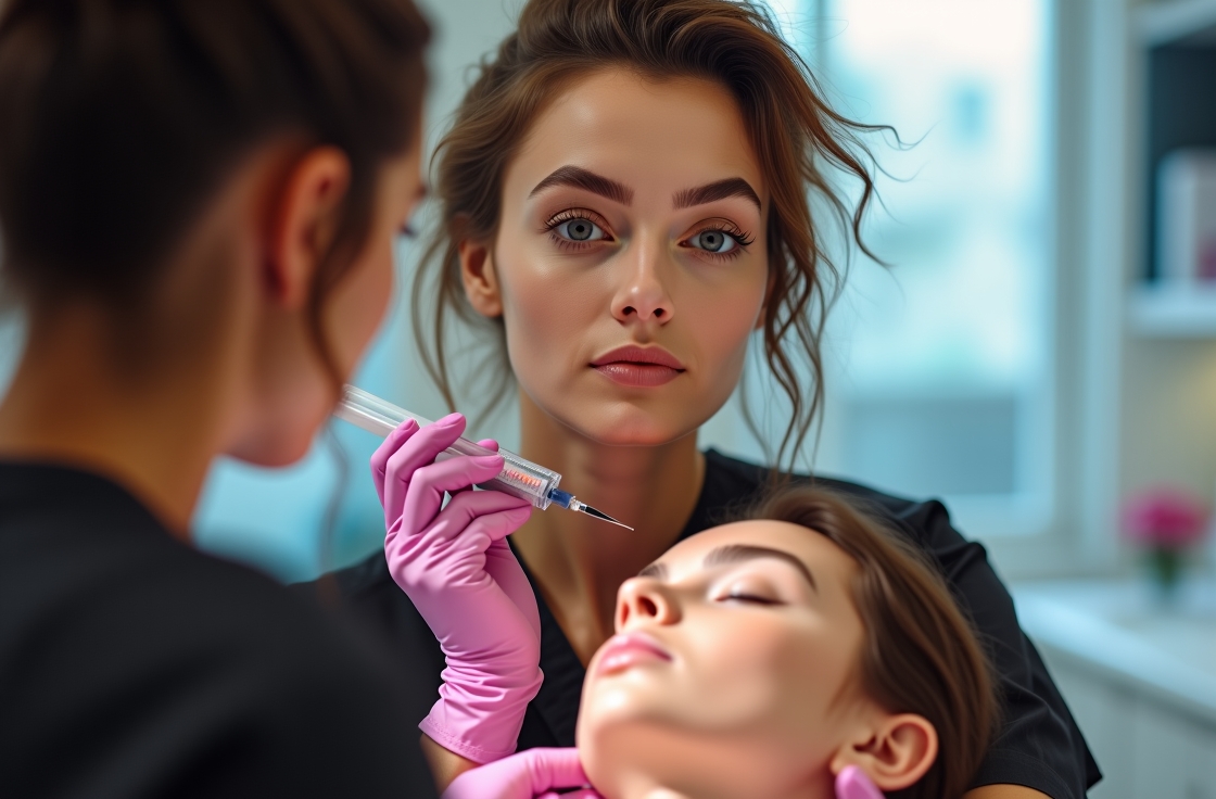 Person in pink gloves holding a syringe beside a reclining patient with closed eyes in a bright treatment room